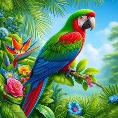 Detailed AI-Rendered Tropical Bird Portrait: A Colorful Macaw Parrot in a Paradise Setting, Surrounded by Vibrant Flora and a Bright Sky.