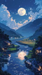 Fototapeta premium Serene night landscape with mountains, river, and illuminated cottages under a full moon.