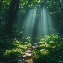 Obraz premium Sunlight beams through mystical forest lush nature high resolution hd image