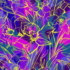 Outline daffodil narcissus flowers seamless pattern in bold acid tones. Abstract botanical modern design for textile, apparel fabric, bedding, dress, wallpaper.