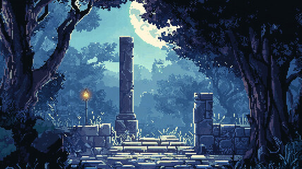 Pixel art game background or cartoon in pixel art style with trees, sunset, sunrise, arch, ruins, bushes and nature. Retro game level, 8 bit 2d video game background. Pixel art game background