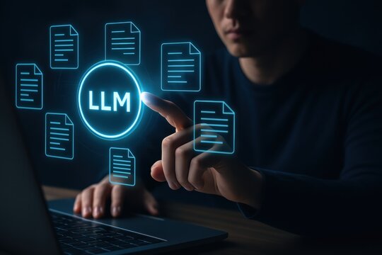 LLM, AI large language model concept, Big data, data transfer, generative ai, natural language generative and data mining. Businessman using laptop with large language model on virtual screen
