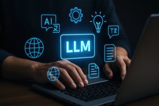 LLM, AI large language model concept, Big data, data transfer, generative ai, natural language generative and data mining. Businessman using laptop with large language model on virtual screen