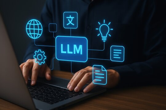 LLM, AI large language model concept, Big data, data transfer, generative ai, natural language generative and data mining. Businessman using laptop with large language model on virtual screen