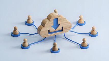 Obraz premium loud computing concept depicted with wooden figures connected to a cloud,