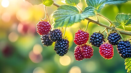Ripe blackberries hanging from a green branch with leaves visible
