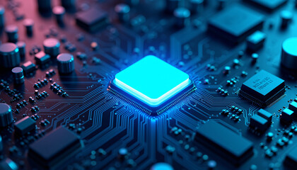 Exploring futuristic technology circuit boards digital lab macro photography blue glow innovation