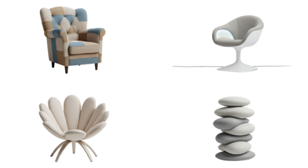 Arrangement with stylish chairs and stacked stones against a white background