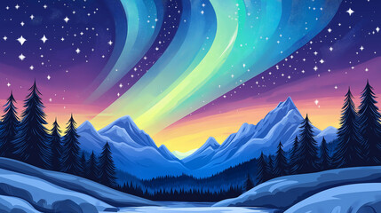 Fototapeta premium Northern lights illuminating snowy mountains and pine forest at sunset