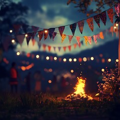 Nighttime gathering by a bonfire, festive flags for the brazilian festa junina, festa de sao joao.