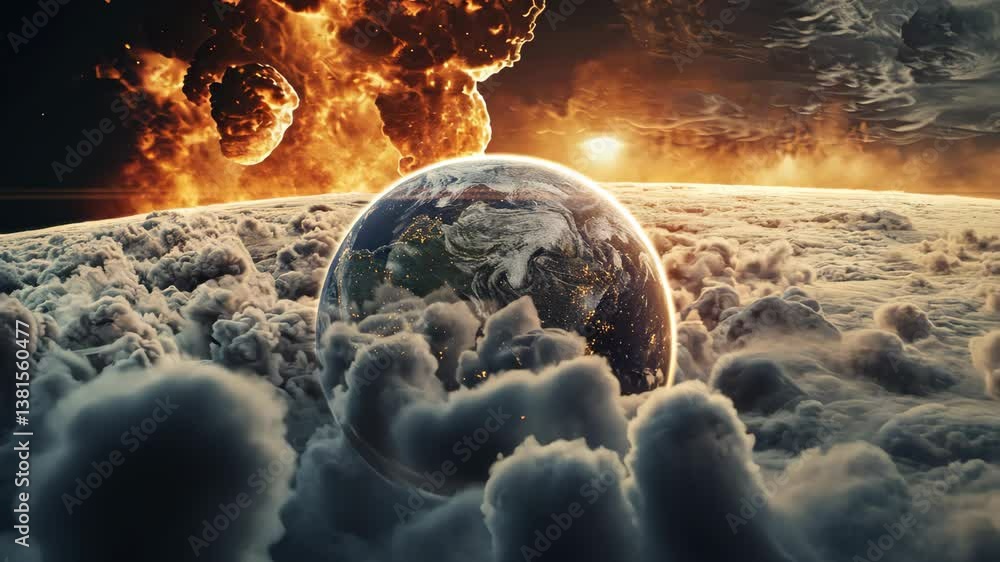 Poster planet with a large ball on it is surrounded by clouds