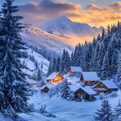 Fototapeta premium Winter forest village dawn
