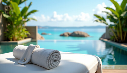 Relaxing poolside retreat with rolled towel tropical resort serenity calm waters scenic view