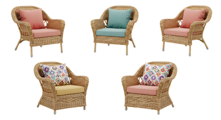 Wicker Chairs Arrangement with Colorful Cushions Isolated on White Background