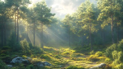 Fototapeta premium Sunlight filtering through green trees image