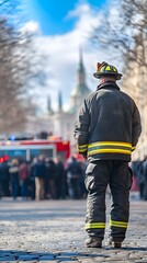 Firefighter Back View City Street Emergency Scene