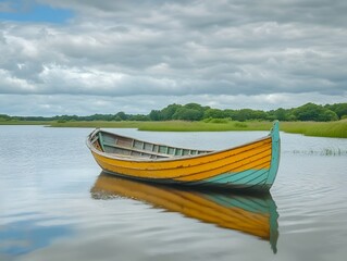 Fototapeta premium Serene Lakeside Scene with Vintage Wooden Rowboat
