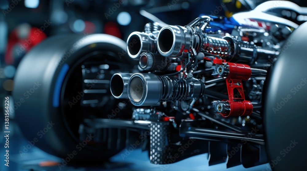 Poster focus on the intricate details of a race car engine, highlighting the precision and complexity of it