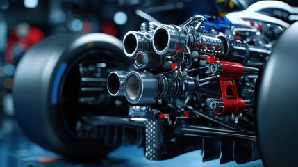 Focus on the intricate details of a race car engine, highlighting the precision and complexity of its components in a well-lit garage during the day