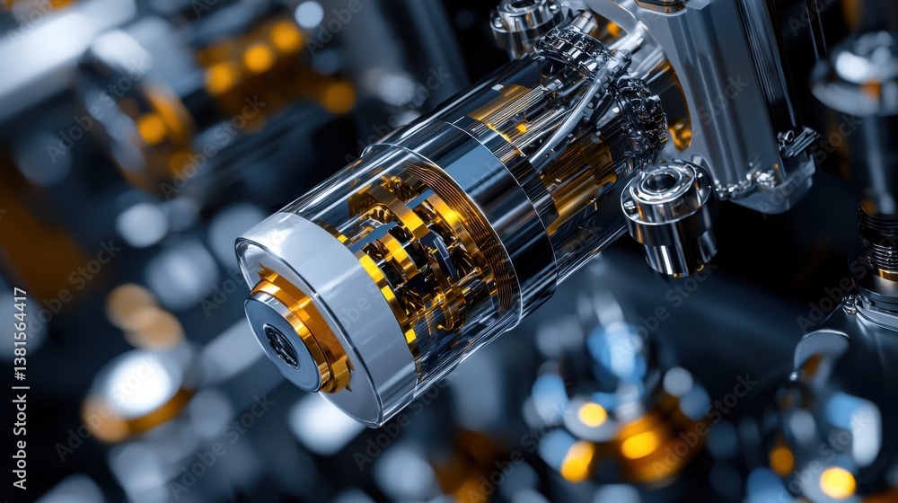 Poster a close-up view of a sophisticated mechanical component, featuring a transparent casing displaying i