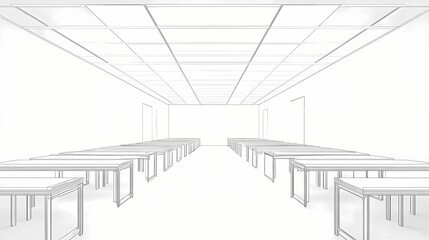 Fototapeta premium Empty white classroom symmetrical perspective. Vanishing Echo. Illustration