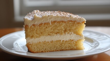 A slice of delicious vanilla cake with creamy frosting and sprinkles, served on a white plate.  The cake has two layers, and the frosting is generously spread on top. The