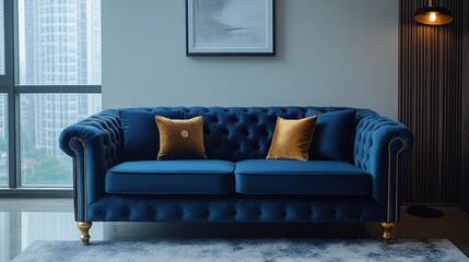 Blue velvet sofa, modern apartment, city view, relaxing interior, home decor