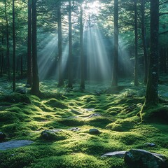Sunlight rays filtering through greenery and daisies in morning high resolution hd image