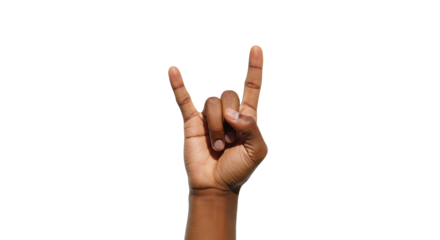 Showing rock and roll hand gesture against plain white background studio shot