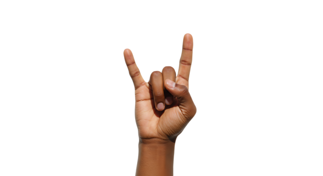 Showing rock and roll hand gesture against plain white background studio shot