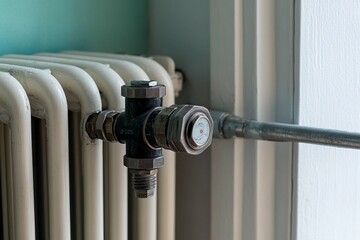 A close-up view of a heating valve connected to a radiator in a residential interior. The temperature gauge displays the current heat level, showcasing functional home heating