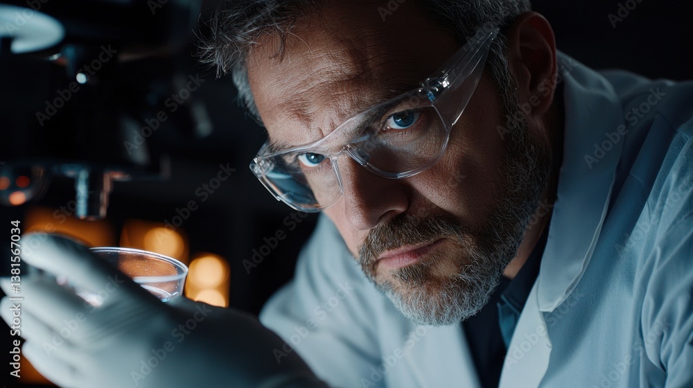 Poster a scientist with glasses holds a glass container while focused on observations under a microscope. t