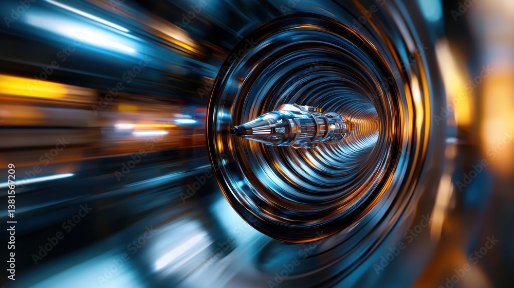 Poster a sleek pod speeds through a shiny tunnel, illuminated by vibrant lights. the design suggests advanc