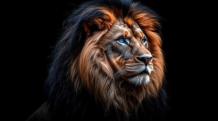 Obraz premium A majestic lion with blue eyes looking towards the distance
