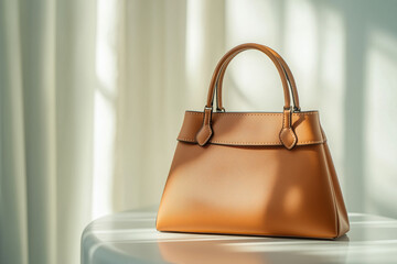 Elegant Tan Leather Handbag Displayed in Natural Light on Minimalist Background