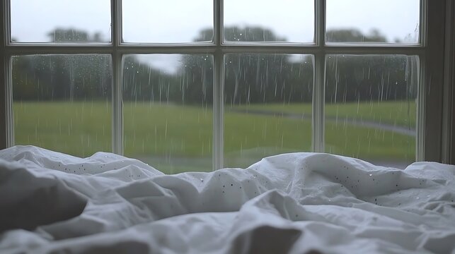 Fototapeta A rainy day outside seen through a bright window pane