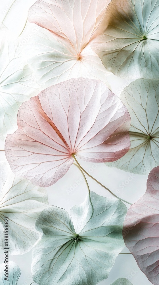Poster intricate leaves with soft hues blend softly together, capturing light and creating an enchanting ba