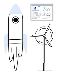 Rocket launch, wind turbine blades, and analytics panel with data charts emphasize technology, sustainability, and progress. Ideal for innovation, technology, energy, sustainability progress