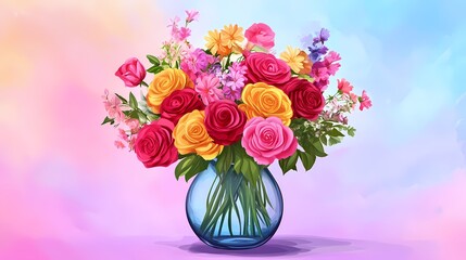 Fototapeta premium Colorful bouquet of roses and wildflowers in a vase, pastel background