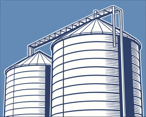 Two Farm Silos: Agricultural Storage Tanks for Grain and Feed. © Design Planer