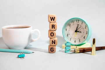 Wrong symbol. Concept word Wrong on beautiful wooden circles.