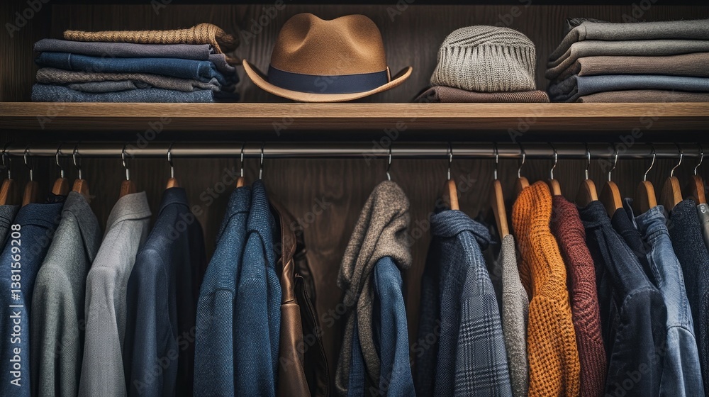 Poster in a contemporary closet designed for autumn, various neatly hung coats and sweaters showcase a blen