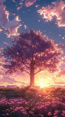 Fototapeta premium A serene sunset behind a blooming tree, casting warm hues across the sky and landscape.