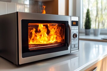 A kitchen microwave experiences an intense fire, with flames visible inside its chamber. It is set against a bright, sunlit backdrop with green plants nearby