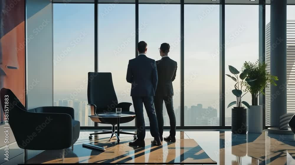 Poster two men in suits are standing in a room with a large window
