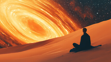 Contemplative figure gazing at swirling galaxy - cosmic wonder stock photo. silence - desert. illustration. Cosmic Silence. Illustration