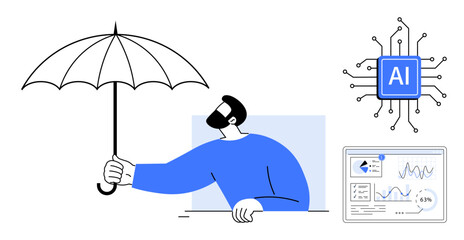 Man holds umbrella symbolizing protection, near AI chip circuitry and data analytics dashboard. Ideal for artificial intelligence, cybersecurity, data privacy, innovation, analytics, protection