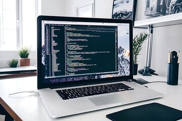 A laptop displays code while sitting on a white desk