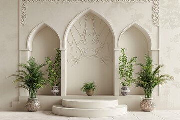 Fototapeta premium 3d podium with Islamic patterns arches and plants for product presentation in modern islamic interior, beige color theme 