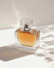 Elegant Glass Perfume Bottle with Amber Liquid on White Surface in Soft Light